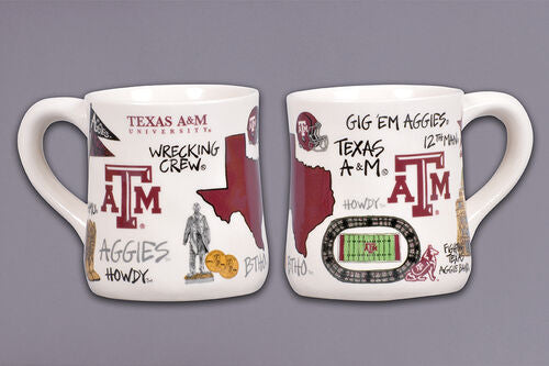 Two white ceramic Texas A&M Icon Mugs with university-themed graphics, maroon accents, and text. Available in 15 oz size.
