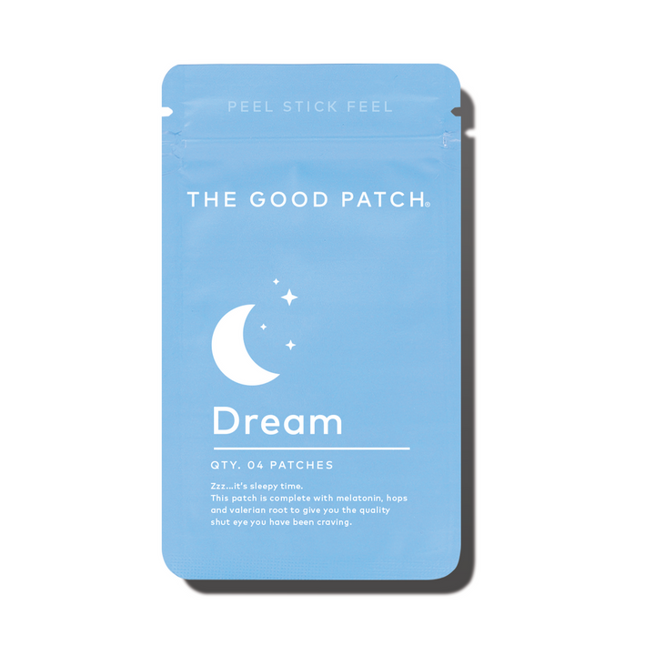 Blue "The Good Patch" packet with crescent moon and stars, holds 4 Dream Patch melatonin patches; available in 4-count size.