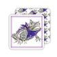 Square Coaster Handpainted": Features a lizard with a purple bandana and small crown. Reversible pattern on another coaster with the same lizard. White background with a purple border. Available in sizes: 4"x4".