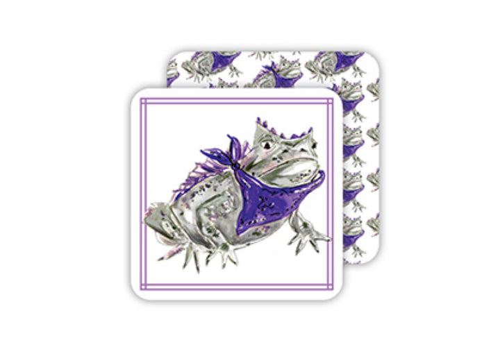 Square Coaster Handpainted": Features a lizard with a purple bandana and small crown. Reversible pattern on another coaster with the same lizard. White background with a purple border. Available in sizes: 4"x4".