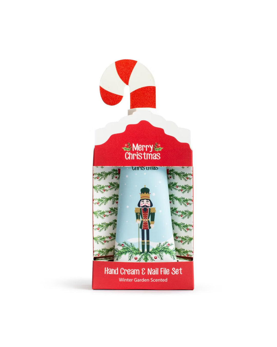 Nutcracker &amp; Holly Hand Cream &amp; Nail Set in a candy-cane-shaped box with a nutcracker illustration and “Merry Christmas” text.