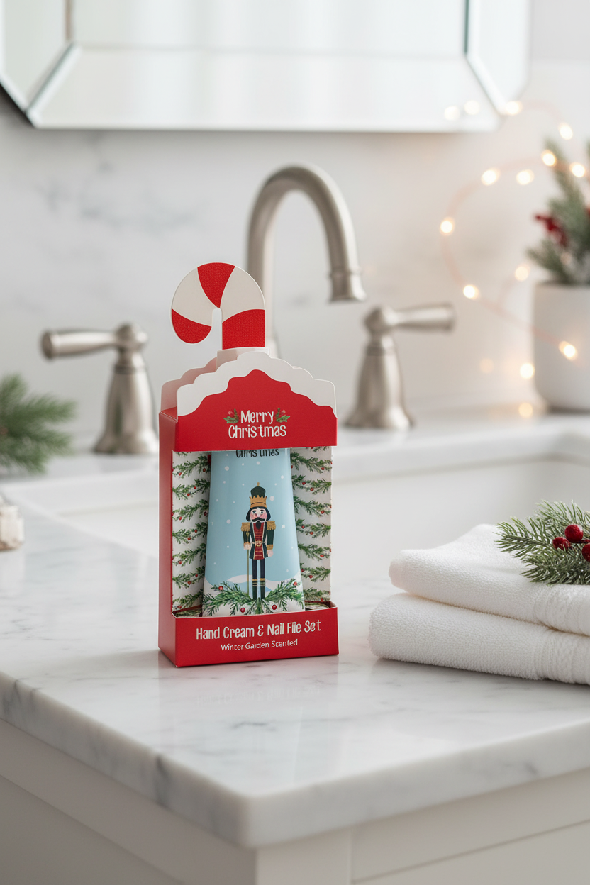 Nutcracker &amp; Holly Hand Cream &amp; Nail Set | Winter Garden in a red, box-shaped container with a nutcracker illustration and candy cane handle, including hand cream and a nail file.
