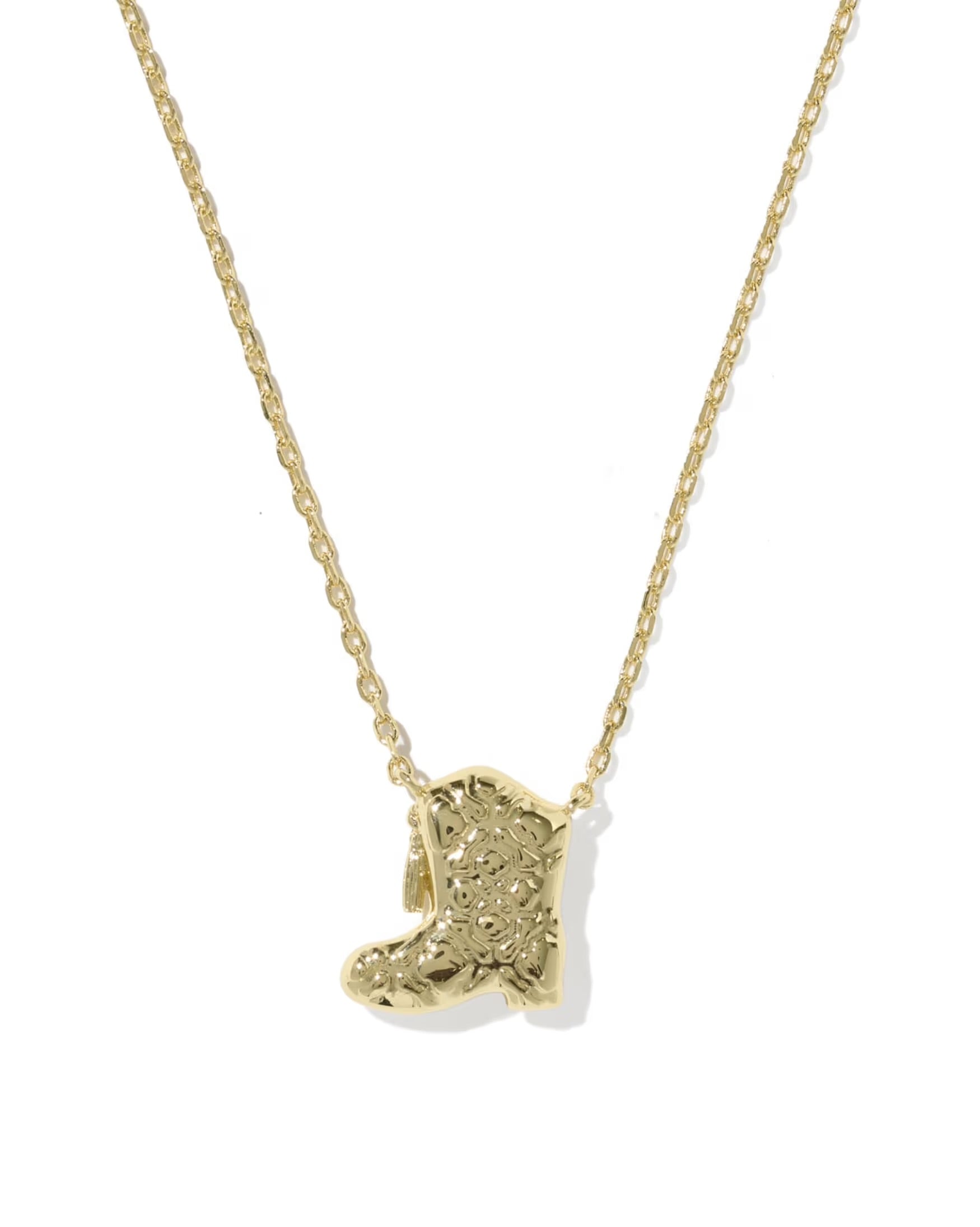 Kendra Scott Drill Team Boot Necklace: gold-tone, small textured cowboy boot charm on a delicate link chain. Available in one size.