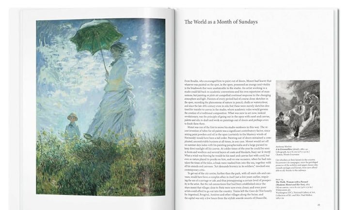 Monet book featuring a plein air painting on the left page and accompanying text on the right page. Available in standard print size.