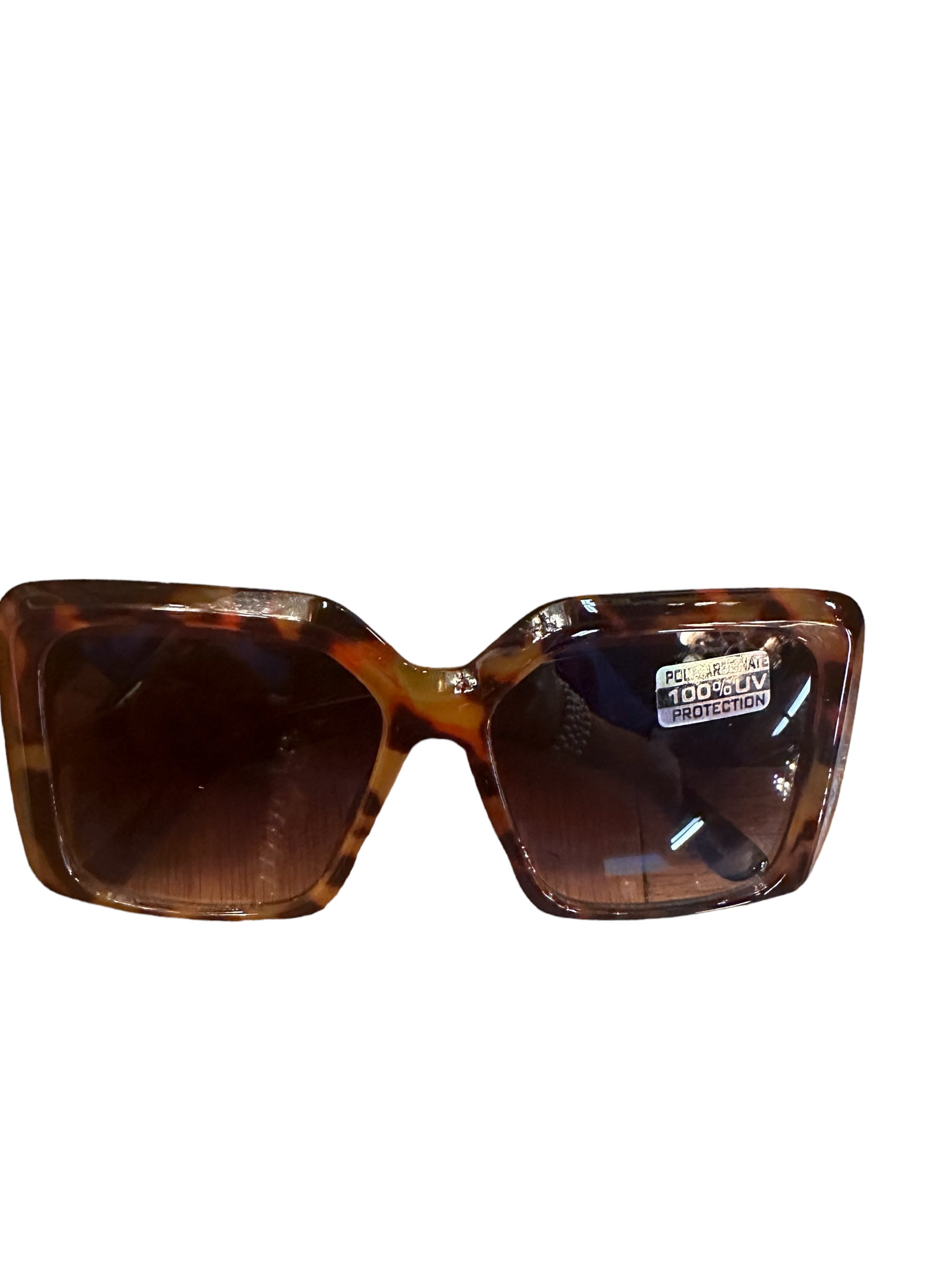 Square Frame Sunglasses with tortoiseshell frames and dark lenses. Polarized 100% UV Protection. Sizes available: Standard.