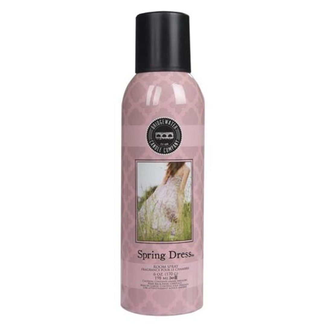 Bridgewater Room Spray in pink can with black cap. Spring Dress scent. Available in 6 oz size.