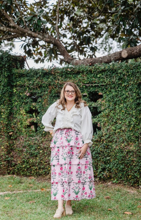 Rose d’Iris Ruffle Cascade Maxi Skirt shown; available in sizes XS–XL.