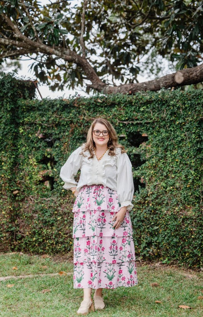 Rose d’Iris Ruffle Cascade Maxi Skirt shown; available in sizes XS–XL.