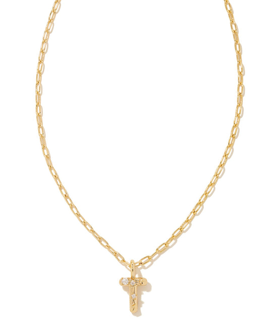 Gold pendant necklace with a crystal-studded letter T; available in 16", 18", and 20" lengths.