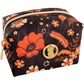 Small rectangular bag with gold zipper, orange/white floral print, gold pineapple emblem. Available in small and medium sizes.