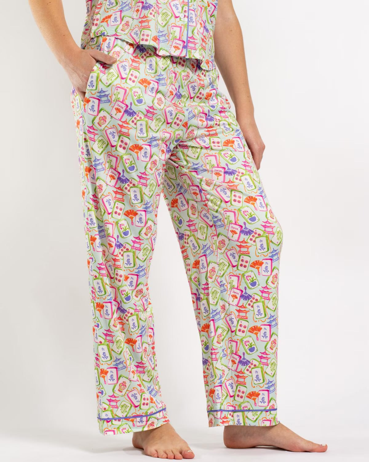 Mahjong Dreams pajama top with playful, colorful mahjong tile pattern. Available in sizes XS–XL.