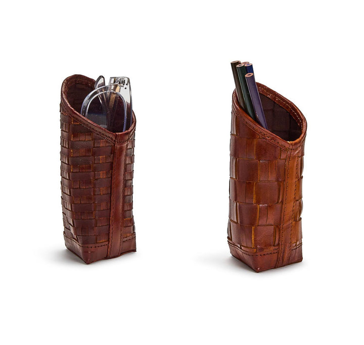 Chestnut woven leather eyeglass holder, brown, upright design. Available in small and large sizes.