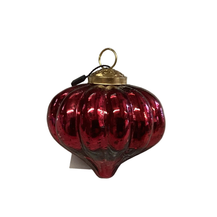 Ribbed, teardrop-shaped red mercury glass ornament with a metallic finish and gold-tone cap.