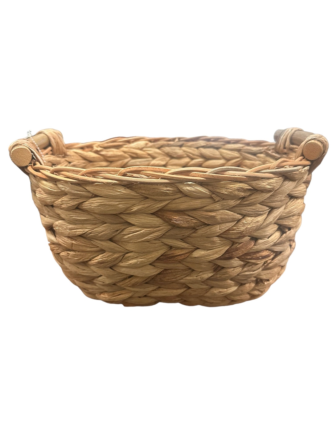 Round woven wicker basket with thick braided sides, two small handles. Available in small, medium, and large sizes.