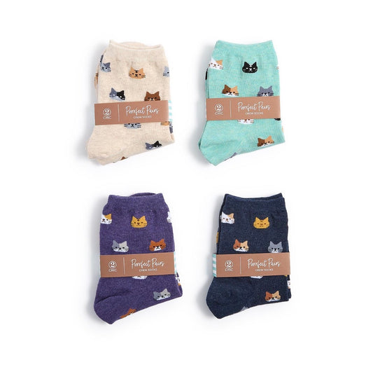 Set of four "Purrfect Paws" cat socks in cream, light blue, purple, and navy with cat face patterns. Eco-friendly brown cardboard packaging. Available in sizes S, M, and L.