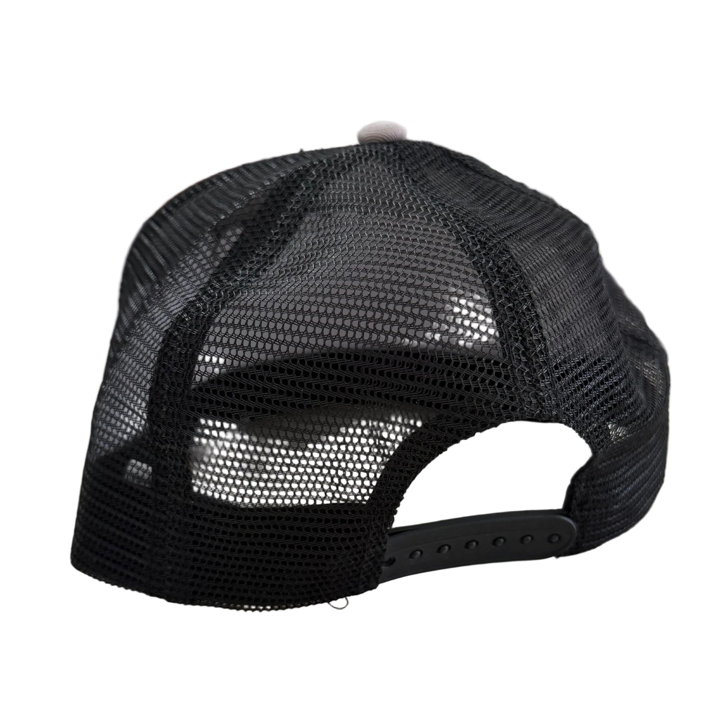 Black mesh trucker hat with “M” logo, adjustable snapback closure. Available in one size fits most.