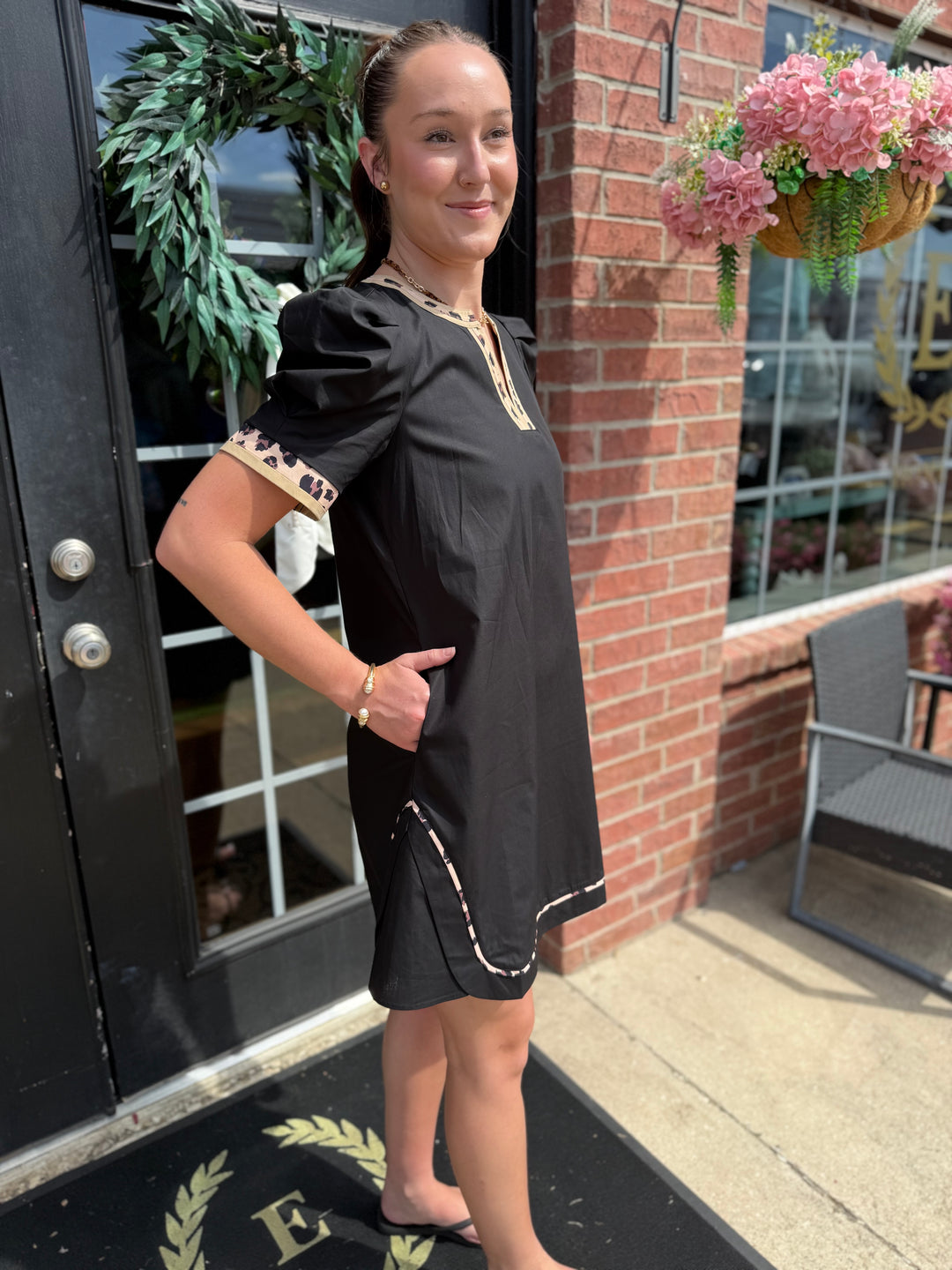 Wild Side Puff Sleeve Dress: black with patterned contrast trim, available in sizes XS–XL.