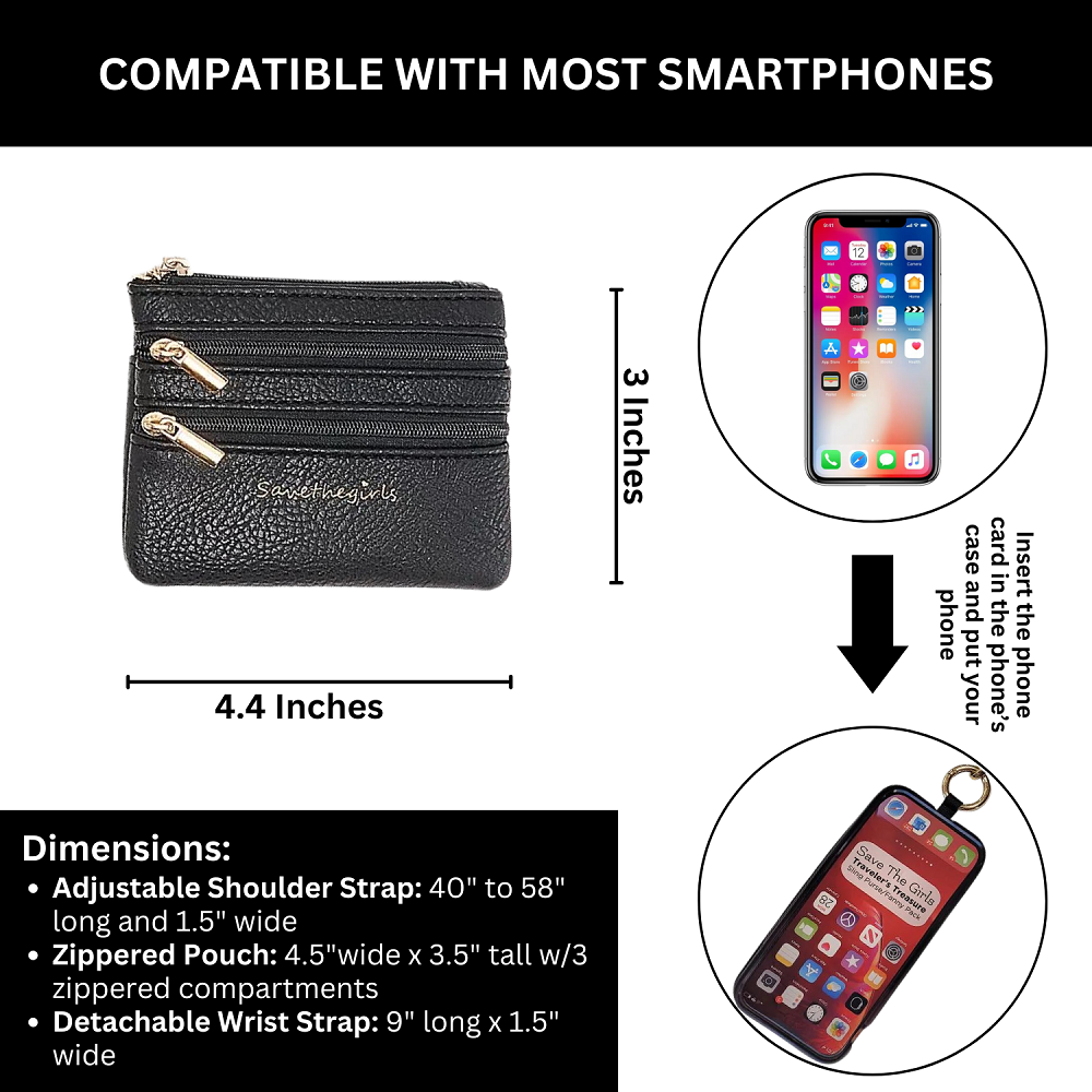 Save the Girls Clip and Go Zippered Pouch (4.4 x 3 in) with gold zippers, detachable straps; crossbody phone pouch.