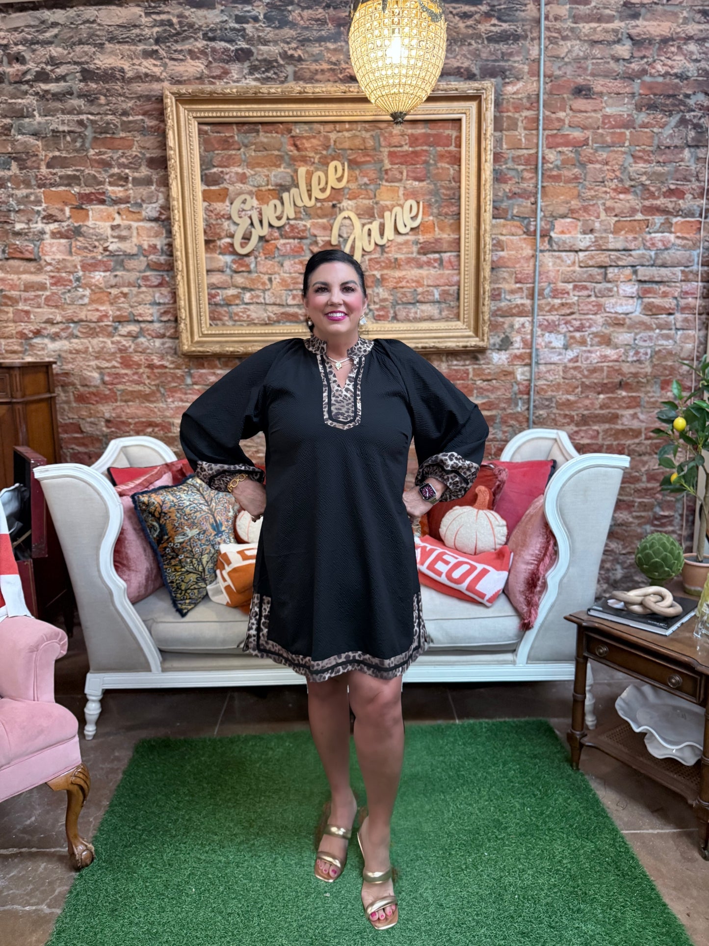 Textured Fabric Dress with Leopard Print Trim