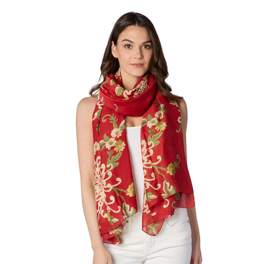 Chrysanthemum Red Scarf by One Hundred Stars with green and cream floral designs. Available in one size.