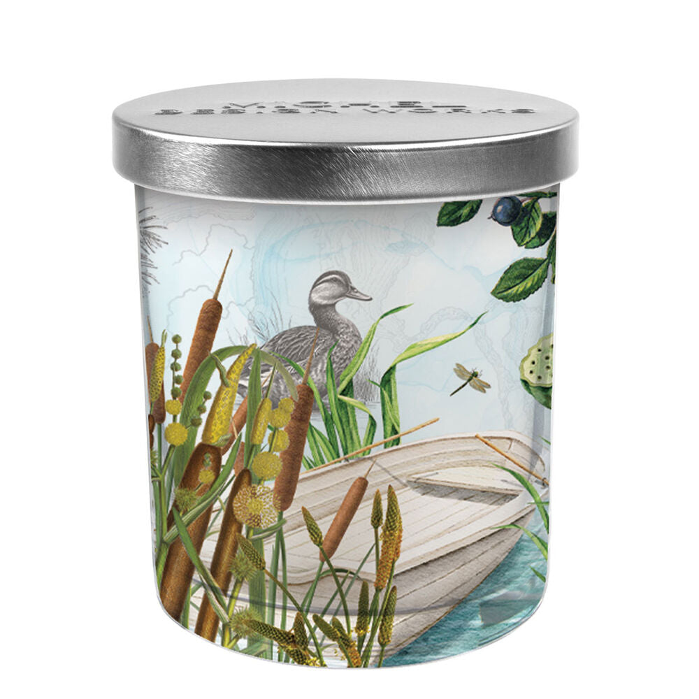 By the Lake Candle Jar: soy blend, illustrated lake scene, silver lid. Available sizes: 8oz, 16oz.