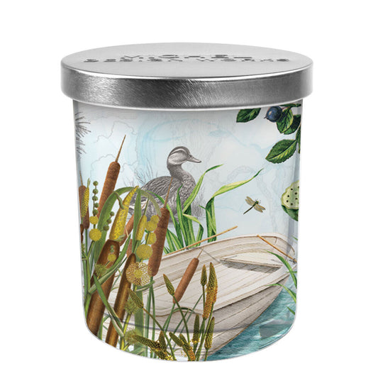 By the Lake Candle Jar: soy blend, illustrated lake scene, silver lid. Available sizes: 8oz, 16oz.