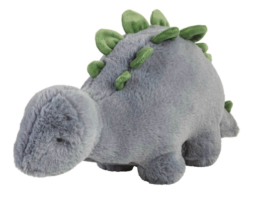 Rory Dino Plush—soft grey dinosaur stuffed toy with green felt-like spikes. Available in small, medium, and large sizes.