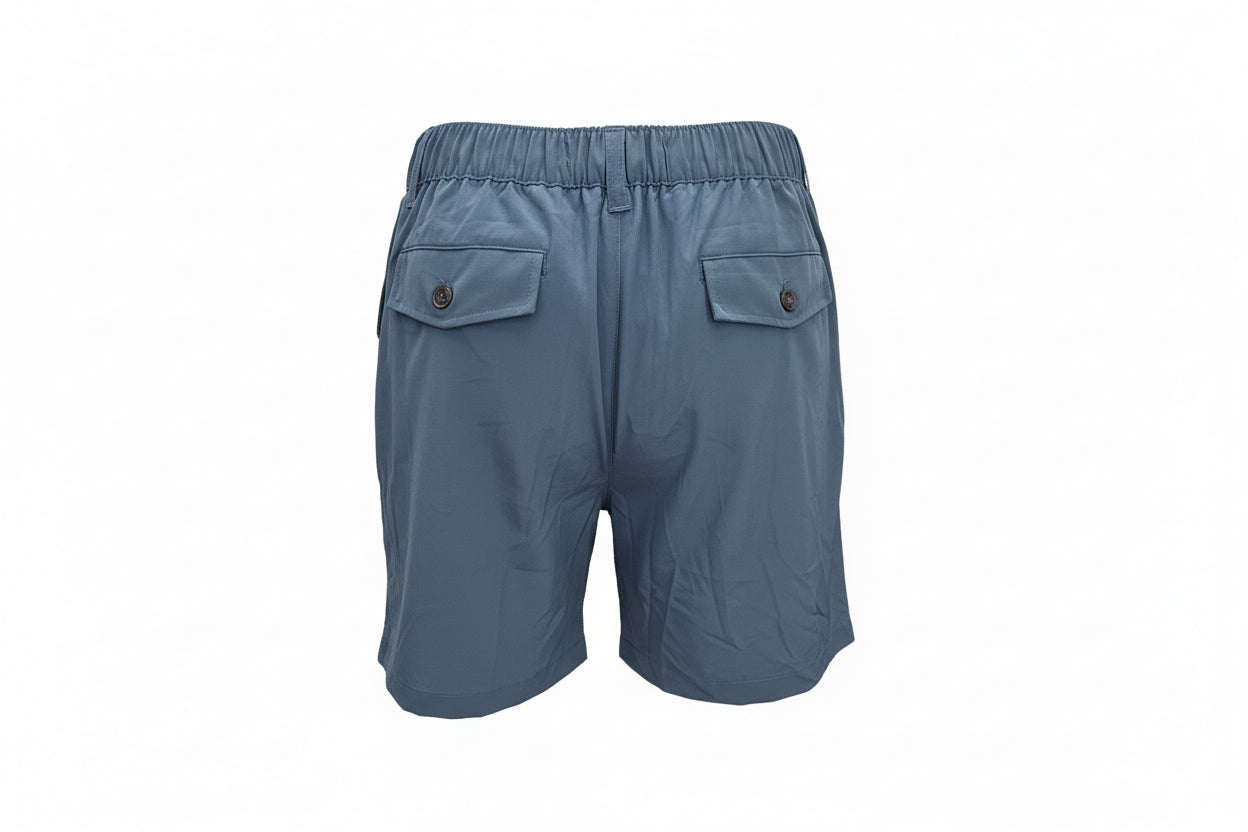 Men’s Blue Drawstring Shorts with elastic waistband, two button-flap pockets. Sizes: S-XXL.