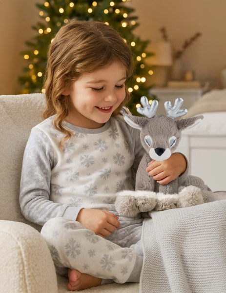 Gray plush Cuddleprance Reindeer toy with silver antlers.
