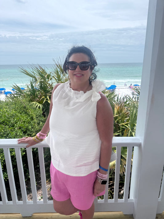 White Ruffle Neck Tie Sleeveless Top; available in sizes XS-XL.