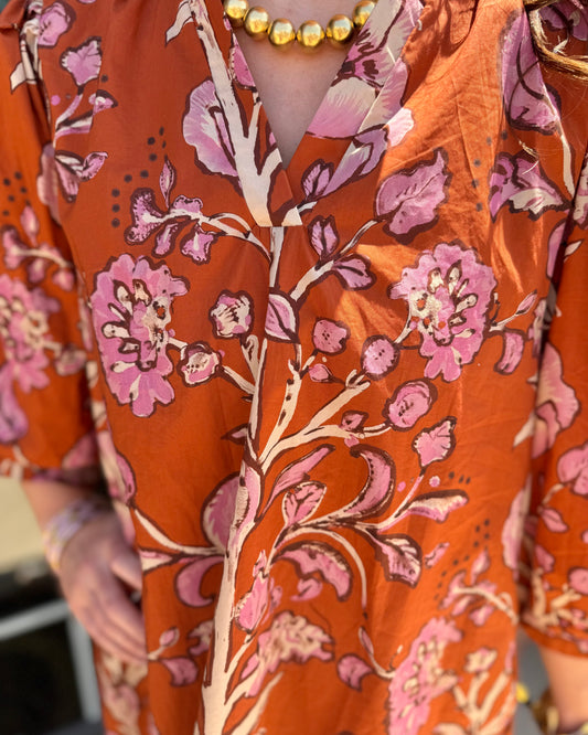 Autumn Rust Long-sleeve Dress, available in sizes XS–XL.