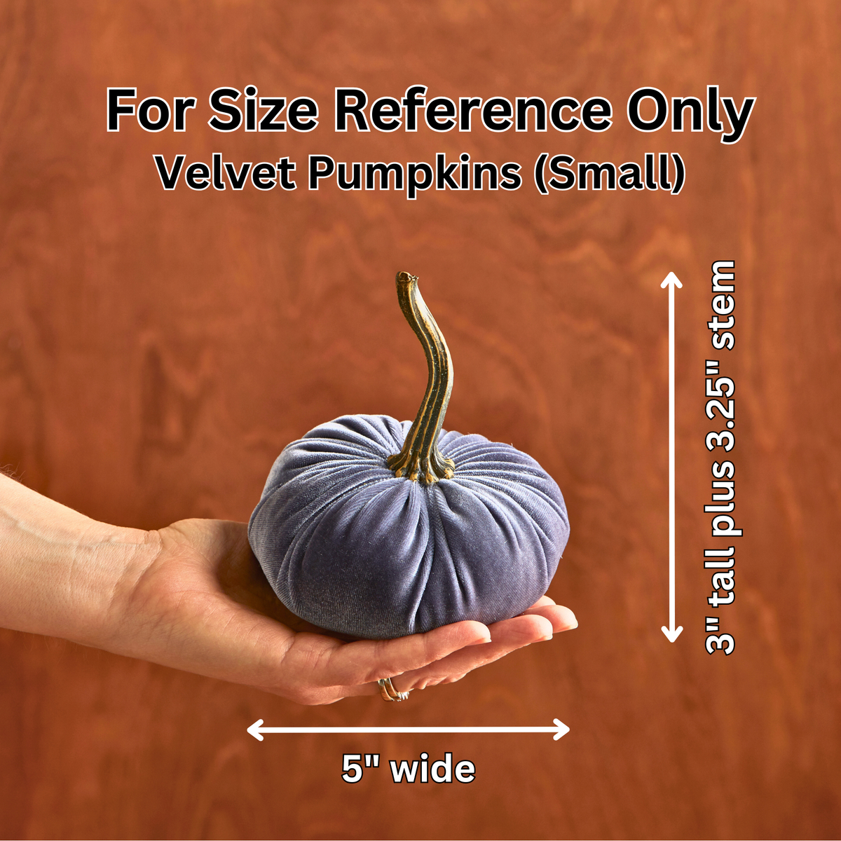 Small blue velvet pumpkin with a stem, 3″ tall plus 3.25″ stem and 5″ wide.