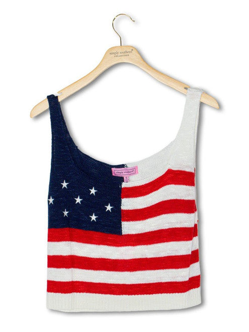 Women's American Flag Tank Top with blue stars and red-white stripes. Available in S, M, L, XL. Summer festive style.
