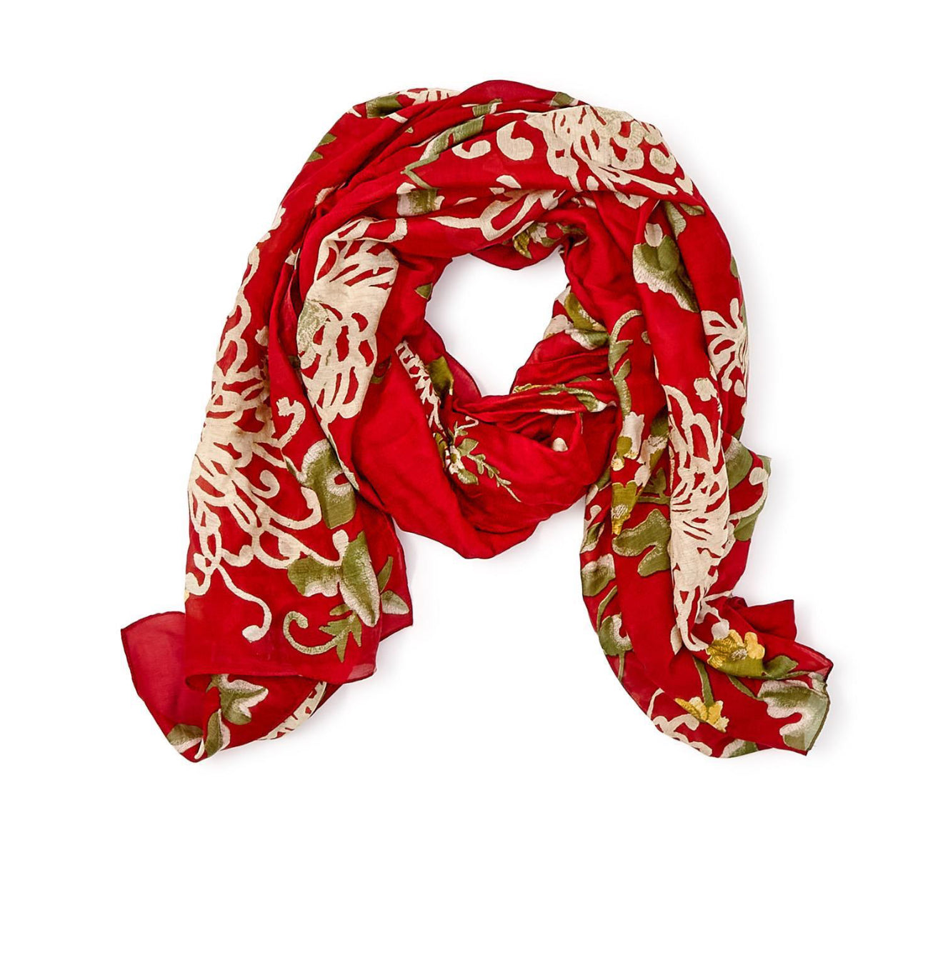 Chrysanthemum Red Scarf with beige and green floral print on red. Available in S, M, L.