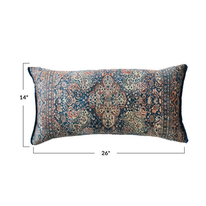 26"x14" cotton-blend velvet lumbar pillow with fringe, blue/cream/rust vintage pattern. Available in size 26"x14".