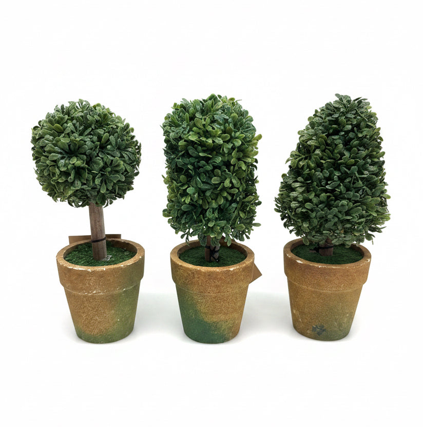 Set of three faux topiary in pots, each with a distinct shape; available in small, medium, and large sizes.