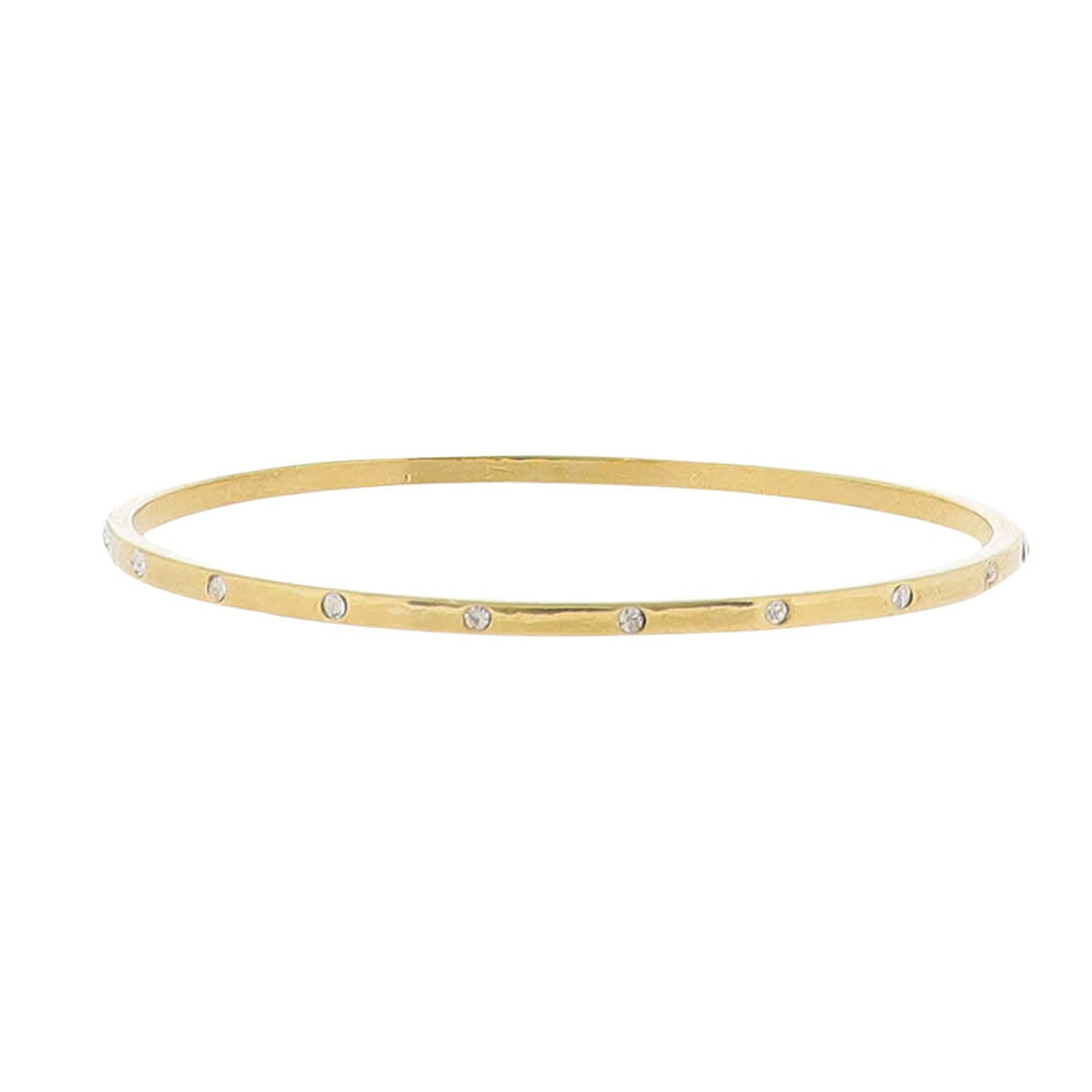 8-inch 18k gold-plated bangle bracelet with small, evenly spaced clear crystals. Available size: 8-inch.