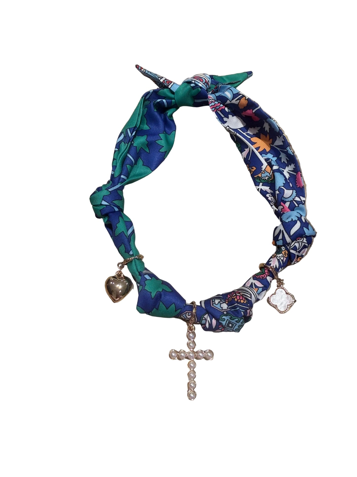 Blue and green twist scarf necklace with water-resistant gold heart, jeweled cross, and framed image charms. Sizes: S/M/L.