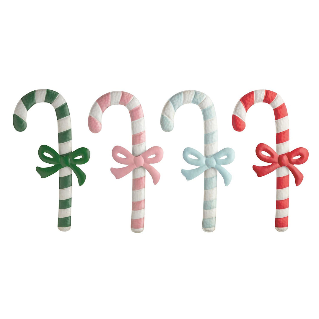 Four Bow Candy Cane ornaments in green, pink, light blue, and red with matching bows.