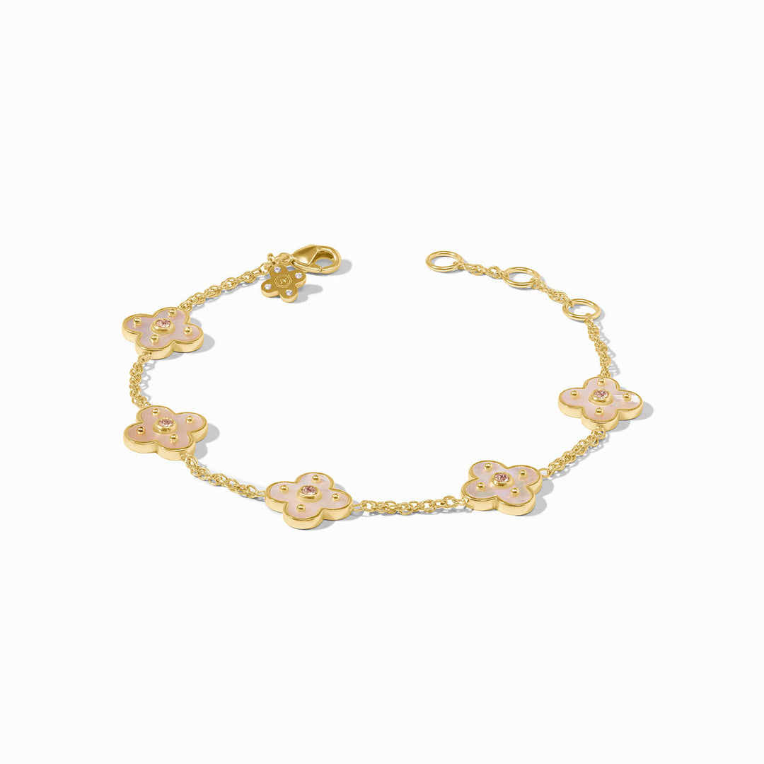 24K gold-plated adjustable bracelet with five flower charms, pink enamel, CZ accents. Sizes available: adjustable fit.