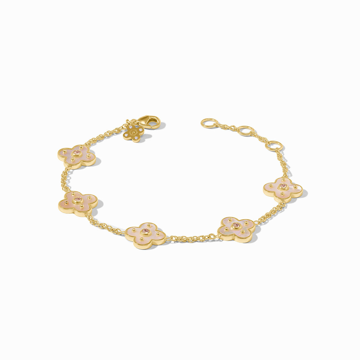 24K gold-plated adjustable bracelet with five flower charms, pink enamel, CZ accents. Sizes available: adjustable fit.