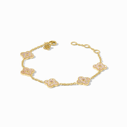 24K gold-plated adjustable bracelet with five flower charms, pink enamel, CZ accents. Sizes available: adjustable fit.