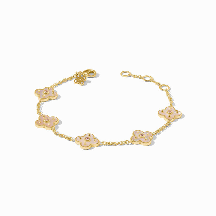24K gold-plated adjustable bracelet with five flower charms, pink enamel, CZ accents. Sizes available: adjustable fit.