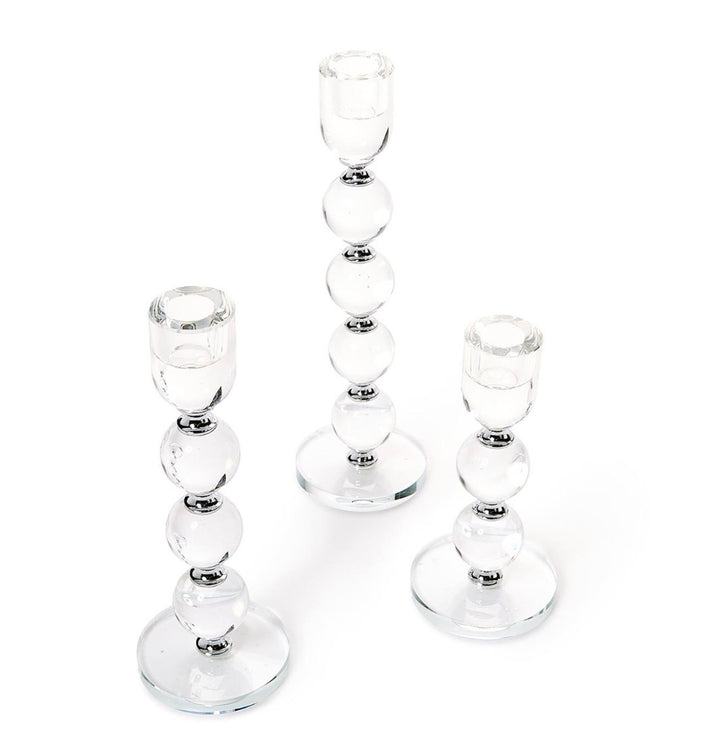 Set of three Bobbin Crystal Taper Candlesticks with stacked, round, bubble-like shapes. Available in small, medium, and large sizes.