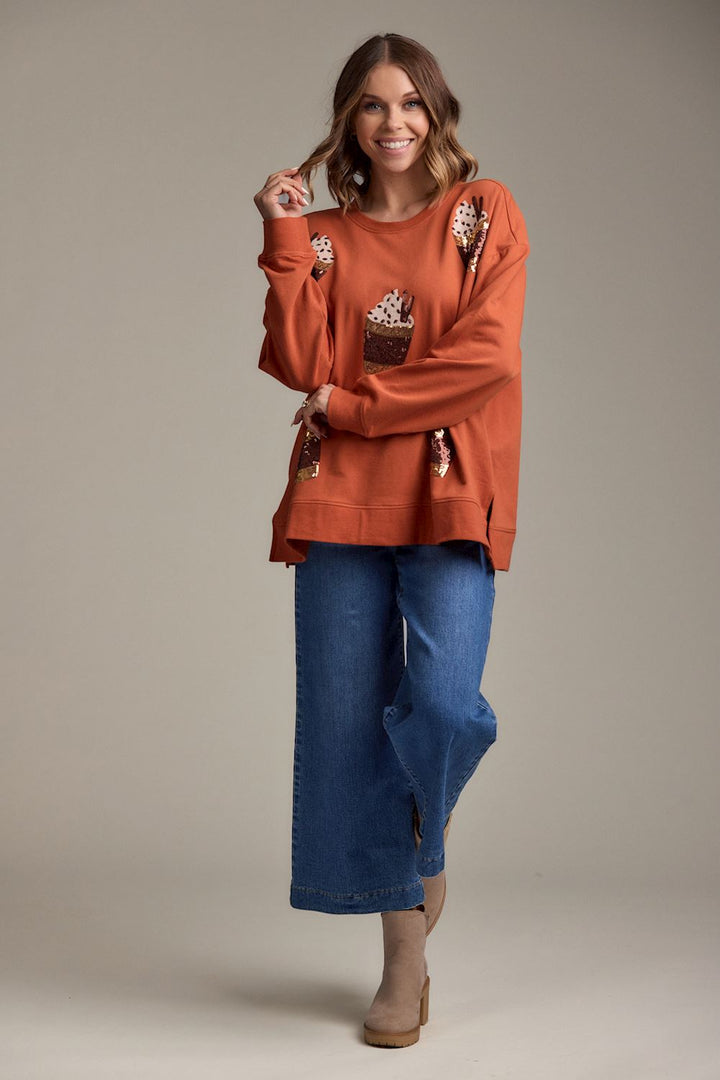 Pumpkin Spice Sweatshirt featuring sequin s’mores designs, available in sizes S-XL.