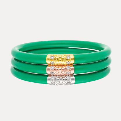 Set of three Kelly Green bangles with metallic gold, rose gold, and silver accents featuring engraved patterns. Available in sizes S, M, L.