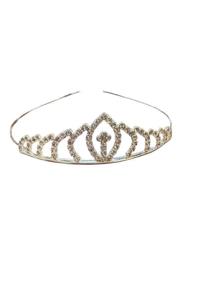 Children’s silver-toned rhinestone crown with repeating arched pattern and central cross motif. Available in child sizes.