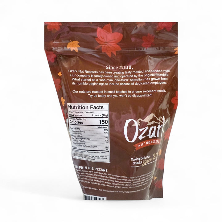 Back of Ozark Nut Roasters Pumpkin Pie Pecans bag with nutrition facts. Gluten-free, available in 8oz and 16oz sizes.