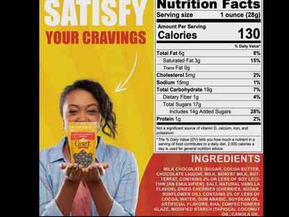 Chocolate Amaretto Cherries, 3.5oz bag. Text: “SATISFY YOUR CRAVINGS.” Nutrition facts and ingredients shown.
