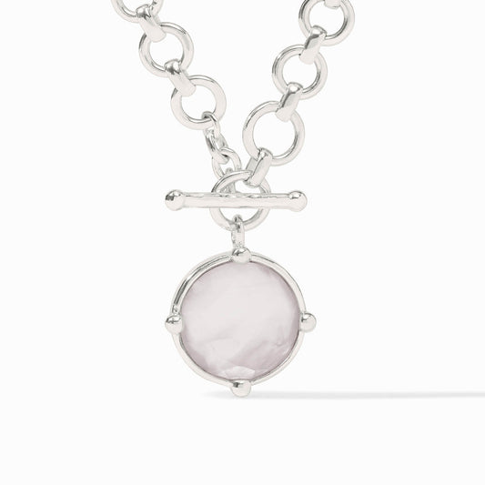 Silver round-link chain necklace with toggle clasp and iridescent clear glass pendant in four-prong setting. Sizes available.